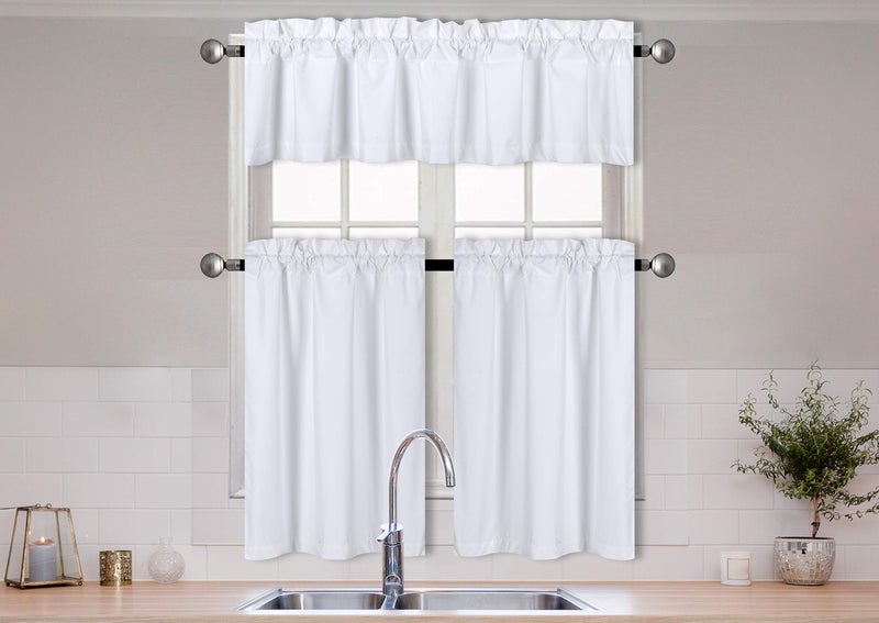 Better Home Style 3 Piece Solid Color 100% Blackout Kitchen Window Curtain Set with Tiers and Valance Solid Energy Efficient Thermal Room Darkening Drape Window Treatment # MKC (White) - Image 1